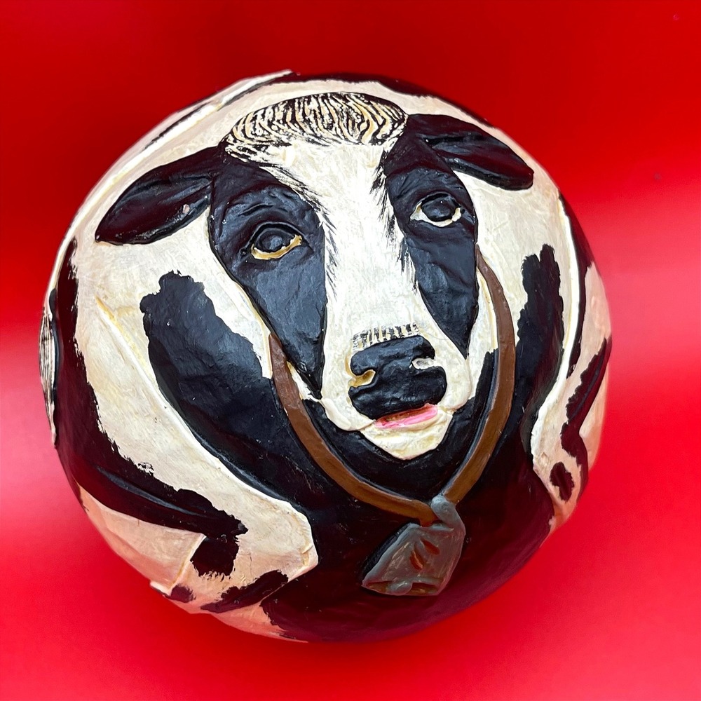 Briere Vintage 1988 Cow Sphere Ball Figurine Black White Hand Painted Folk Art